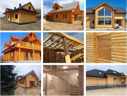 Przykłady różnych domów drewnianych, ukazujące różne style architektoniczne, tekstury drewna i detale budowlane.